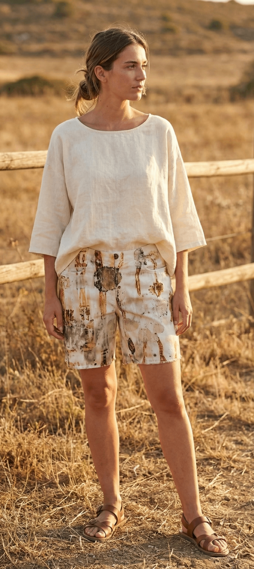 Short CreVic con Ecoprint y blusa de lino en el campo